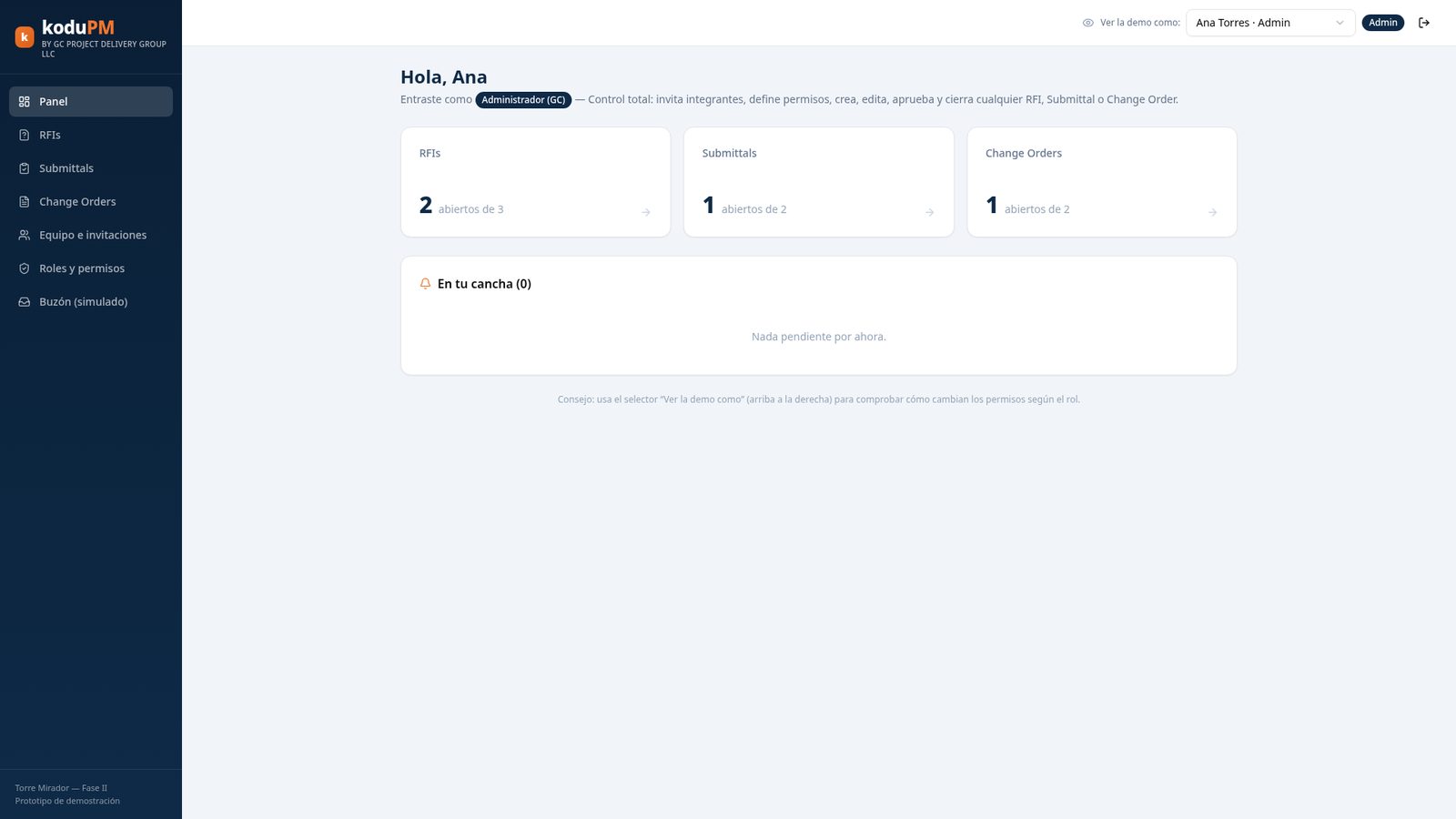 koduPM dashboard — RFIs, Submittals and Change Orders at a glance
