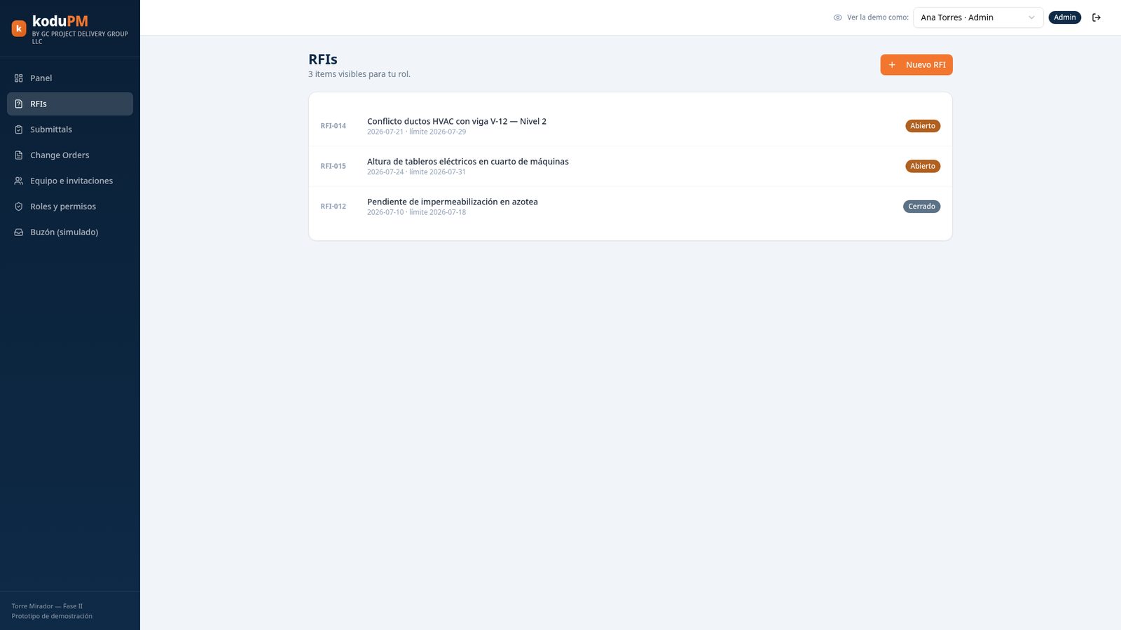 koduPM RFIs list with statuses and due dates